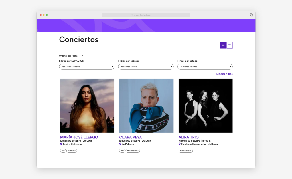 Catàleg amb el llistat despectacles programats i filtres disponibles (data, espai, estil musical i estat).