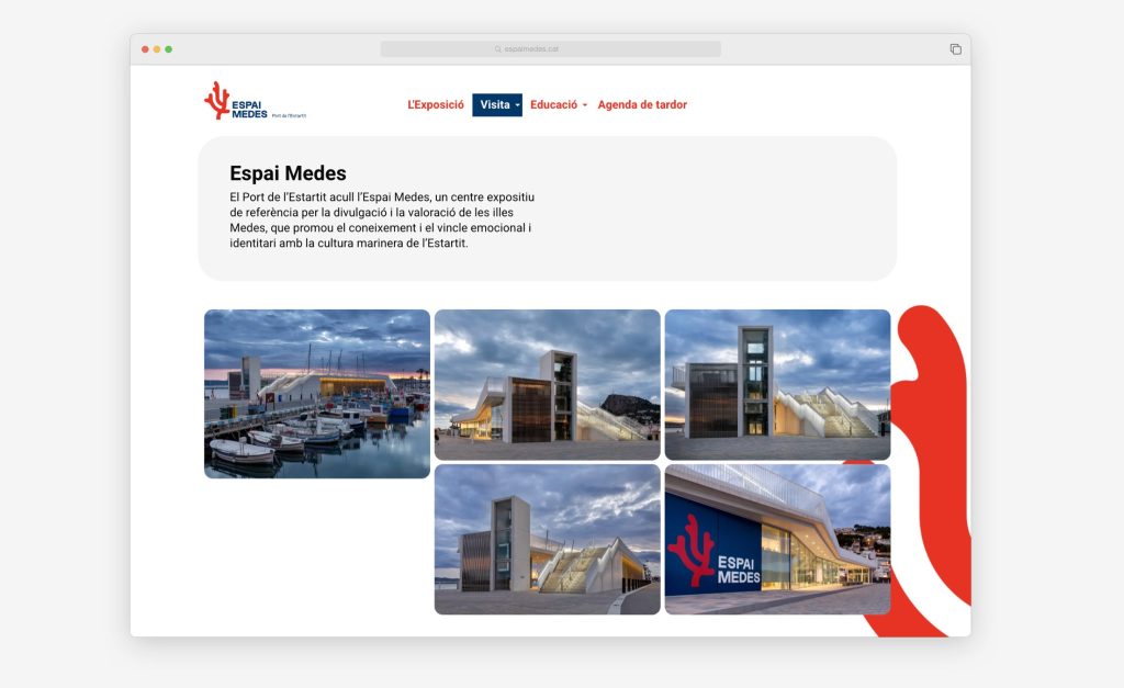 Web de l'Espai Medes amb fotografies de l'exterior del centre ubicat al port de l'Estartit