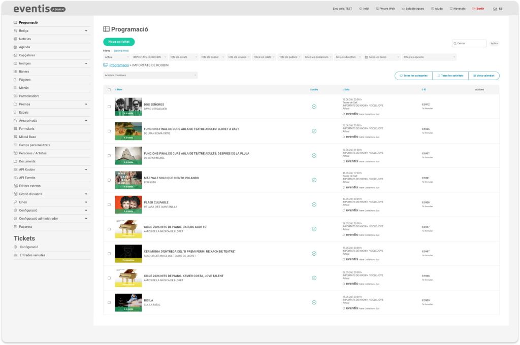 Imatge del nou disseny del gestor de continguts de la plataforma web Eventis. Gestió d'espectacles i activitats.